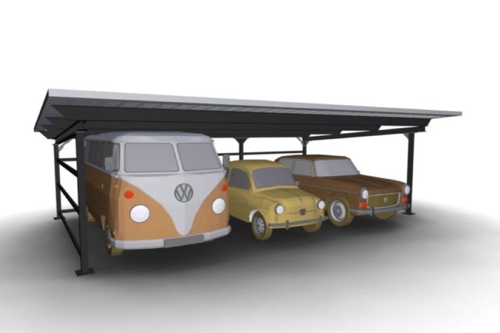 Carport aus Stahl mit 3 Stellplätzen (5,6 × 8,92 m) mit parkenden Autos