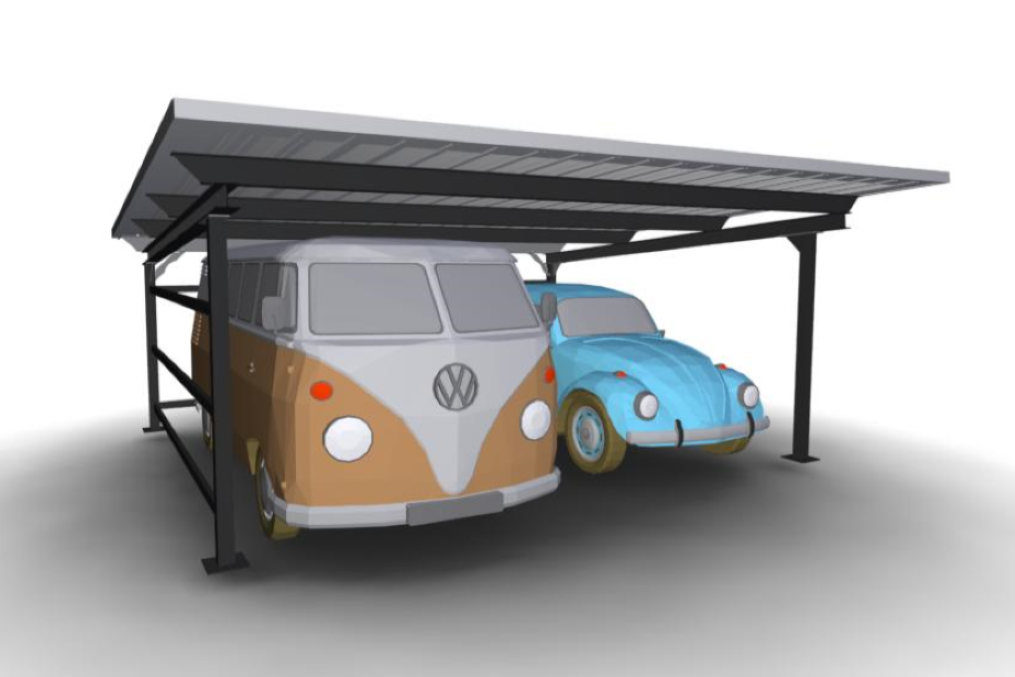 Doppelcarport aus Stahl mit 2 Stellplätzen (5,6 × 6,15 m) mit parkenden Autos